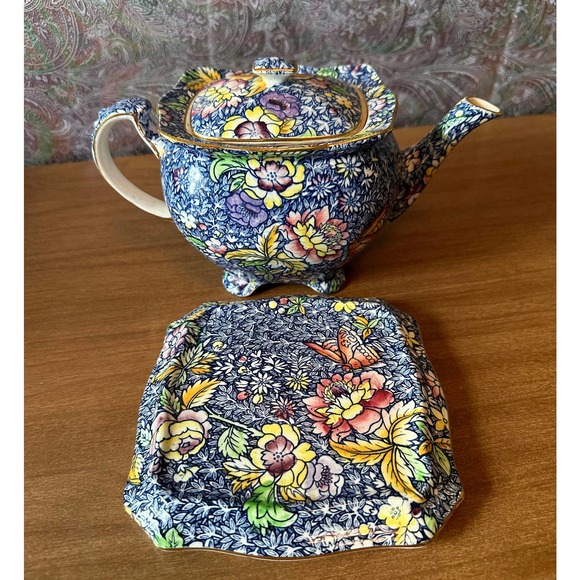 Rare Royal Winton chintz blue Anemone teapot with matching plate/display stand - Picture 7 of 10